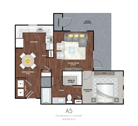 Floor plan for 1 bed, 1 bath, 805 sqft